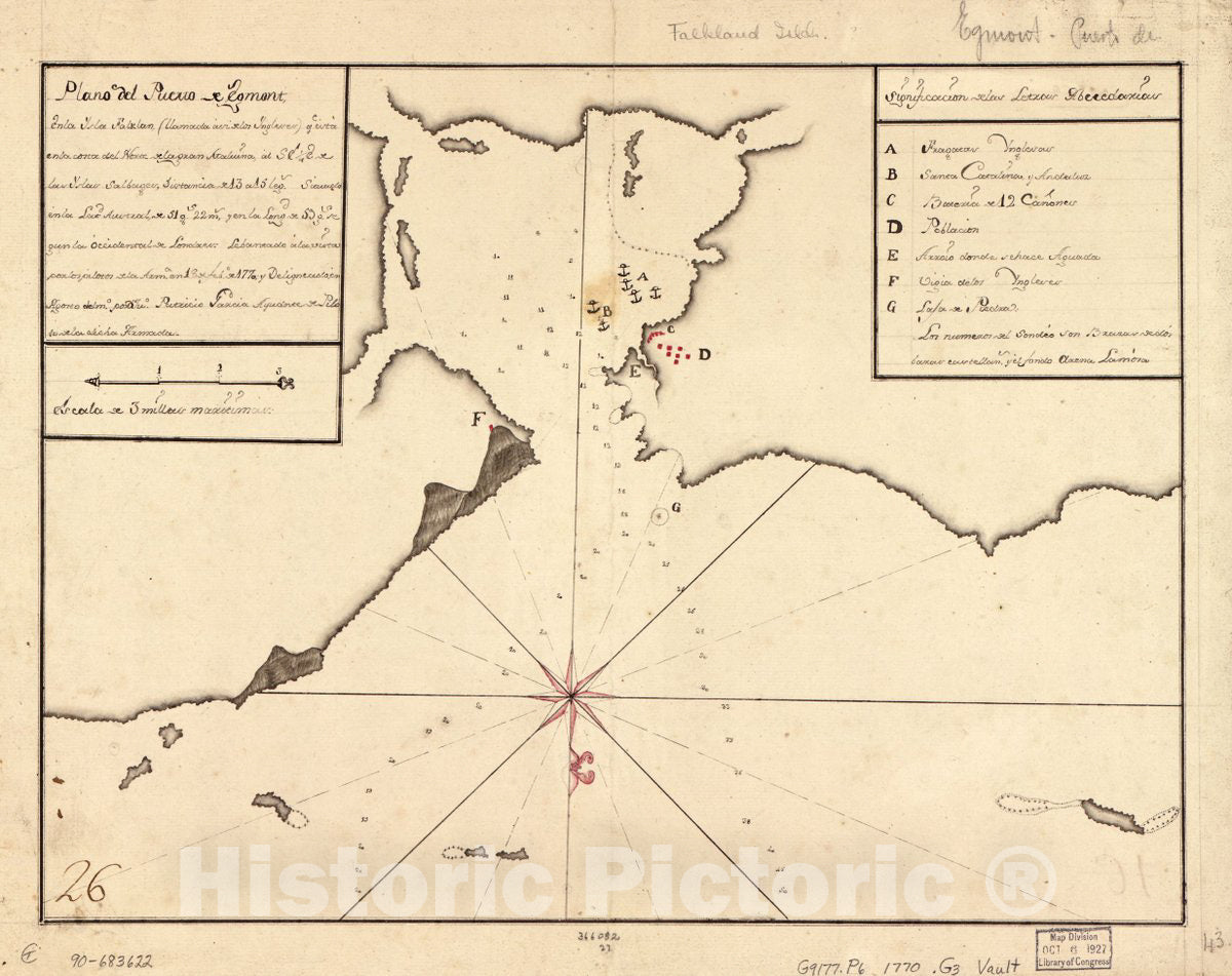 Historic 1770 Map - Plano del Puerto de Egmont en la Isla Falklan (llamada avi de Los Ingleses) qe. esta en la Costa del Norte de la Gran Malvina al S 1/4 E de las Yslas Salbages