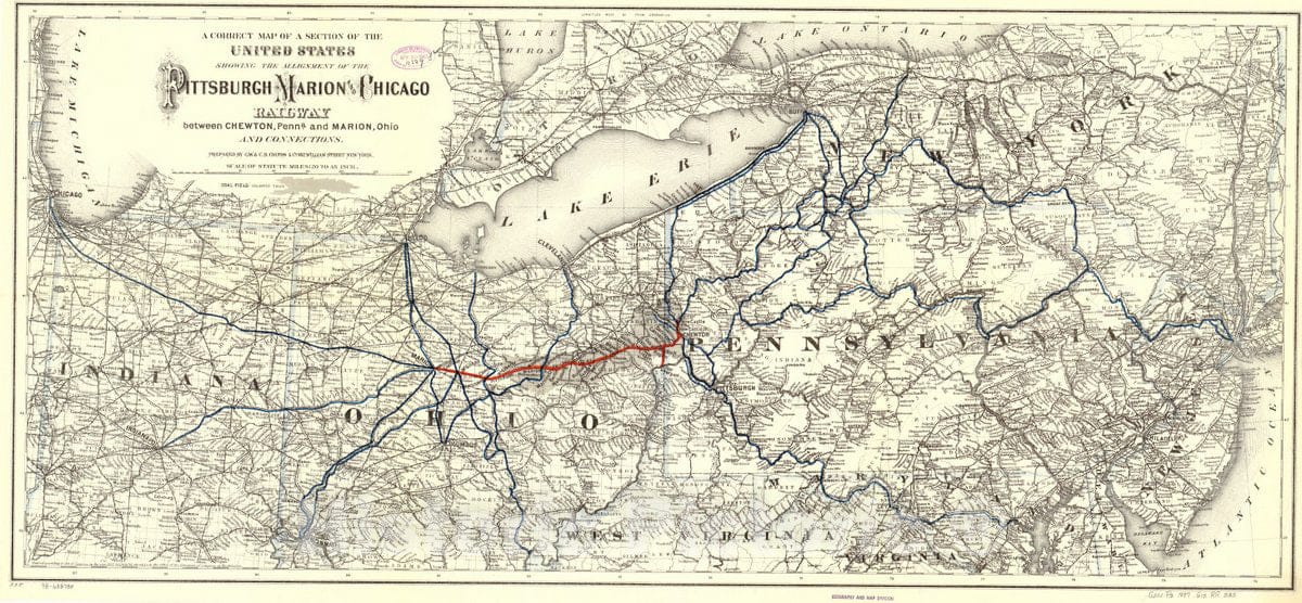 Historic 1887 Map - A Correct map of a Section of The United States Showing The Allignment sic of The Pittsburgh, Marion, and Chicago Railway Between Chewton, Penna. and Marion, Ohio