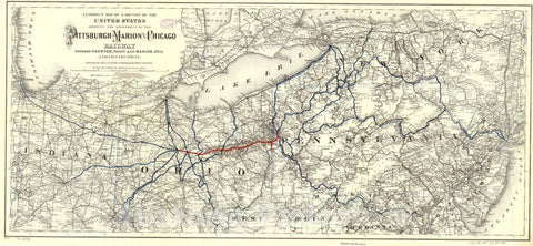 Historic 1887 Map - A Correct map of a Section of The United States Showing The Allignment sic of The Pittsburgh, Marion, and Chicago Railway Between Chewton, Penna. and Marion, Ohio