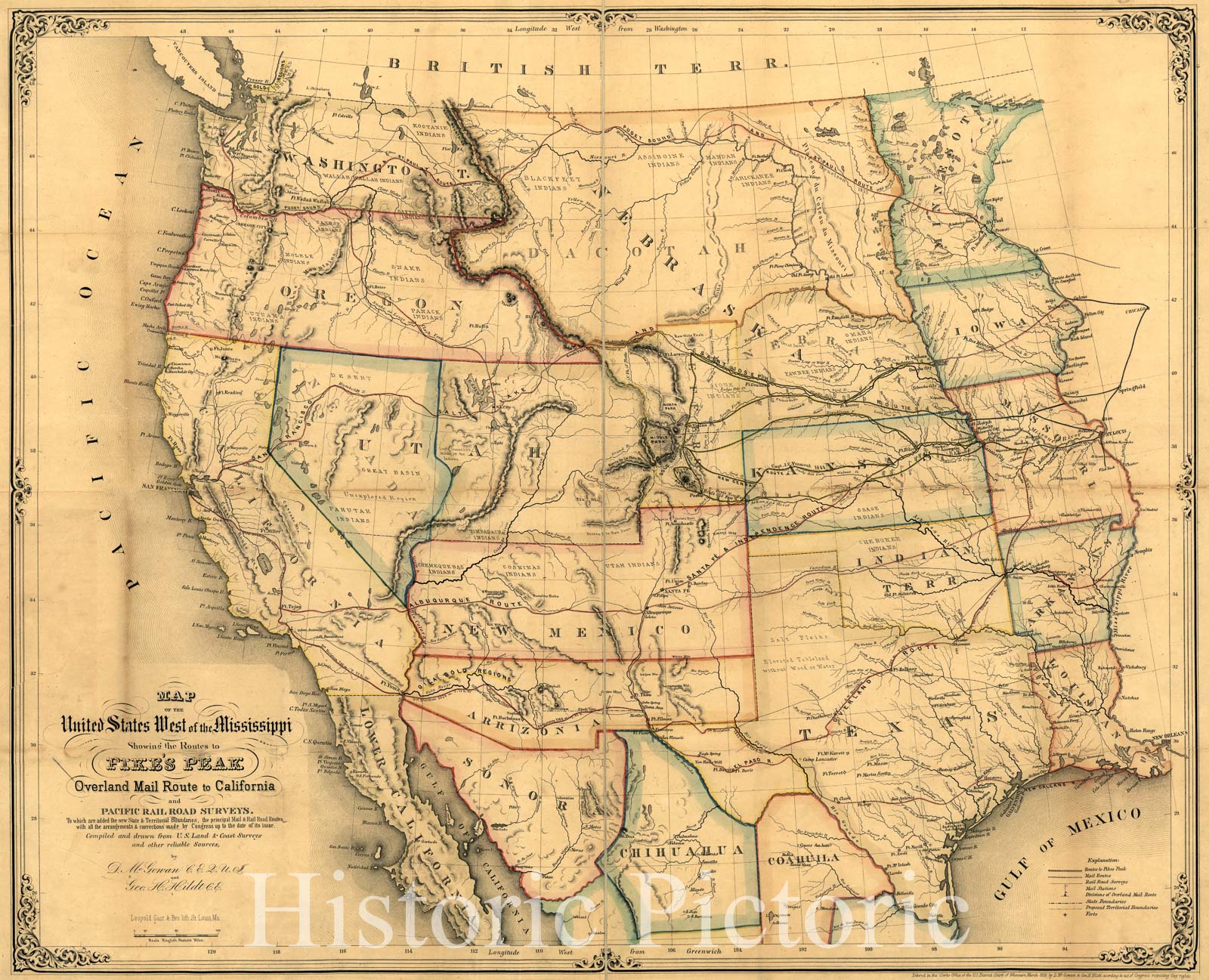 Historic 1859 Map - Map of The United States west of The Mississippi Showing The Routes to Pike's Peak, Overland Mail Route to California and Pacific Rail Road surveys.