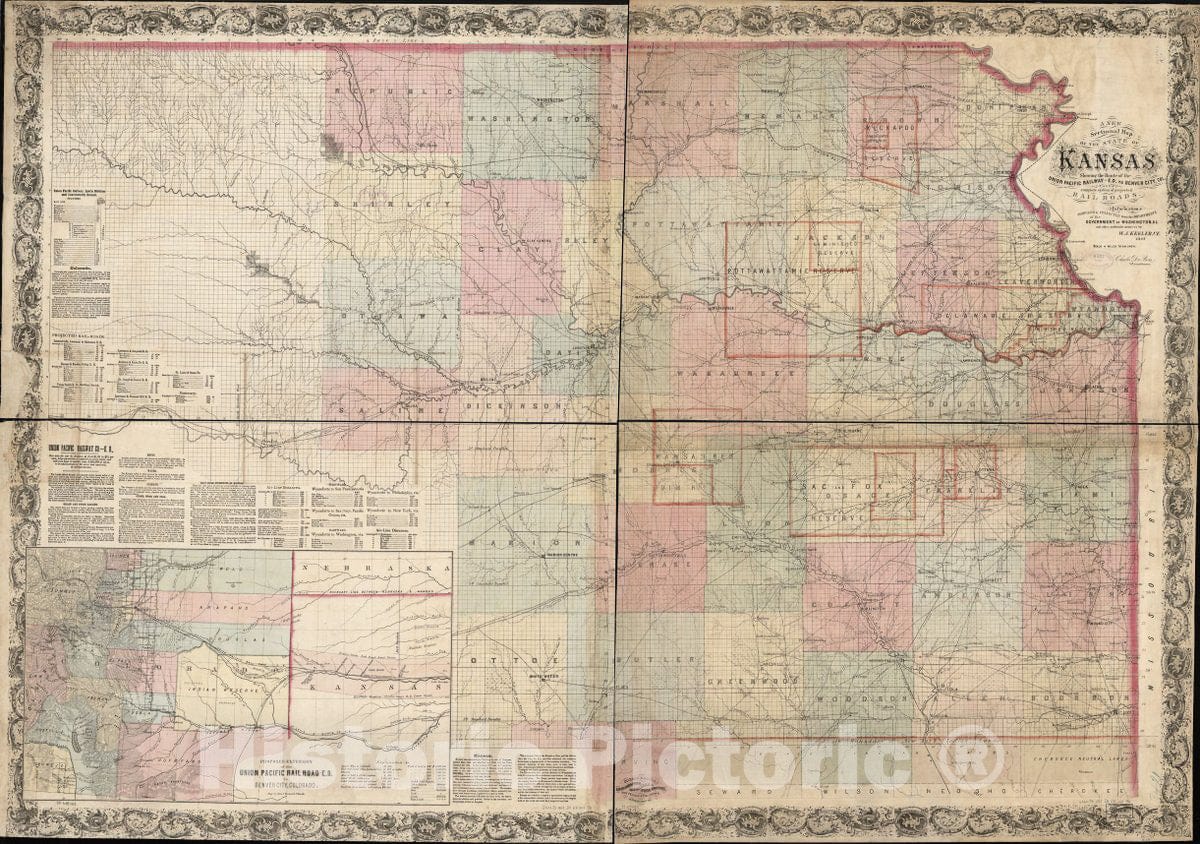 Historic 1867 Map - A New sectional map of The State of Kansas Showing The Route of The Union Pacific Railway-E. D. to Denver City. Col. and Complete System of projected Rail Roads.