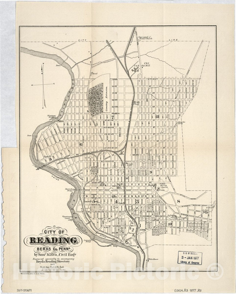 Historic 1877 Map - City of Reading, Berks Co. Penna.