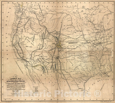 Historic 1859 Map - General map of The United States & Their Territory Between The Mississippi & The Pacific Ocean. 1. Showing The Different surveyed Routes from The Mississippi Valley