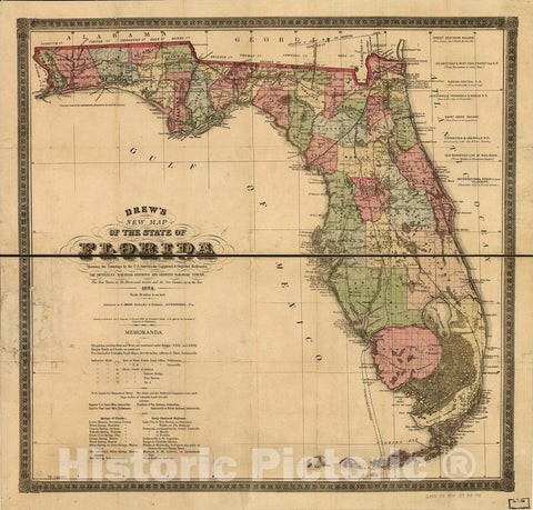 Historic 1874 Map - Drew's New map of The State of Florida, Showing The townships by The U.S. Surveys, The Completed & projected Railroads, The Different Railroad Stations