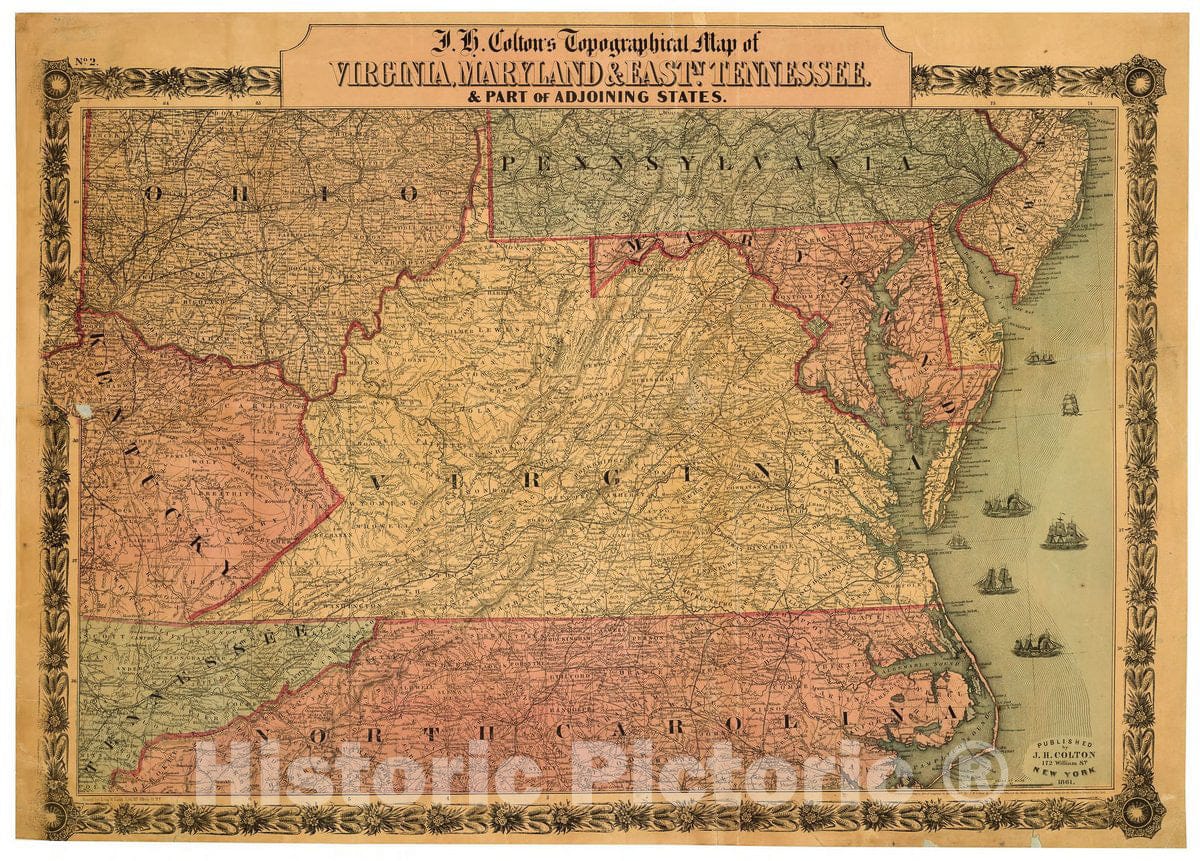 Historic 1861 Map - J.H. Colton's Topographical map of Virginia, Maryland & eastn. Tennessee : & Part of adjoining States.