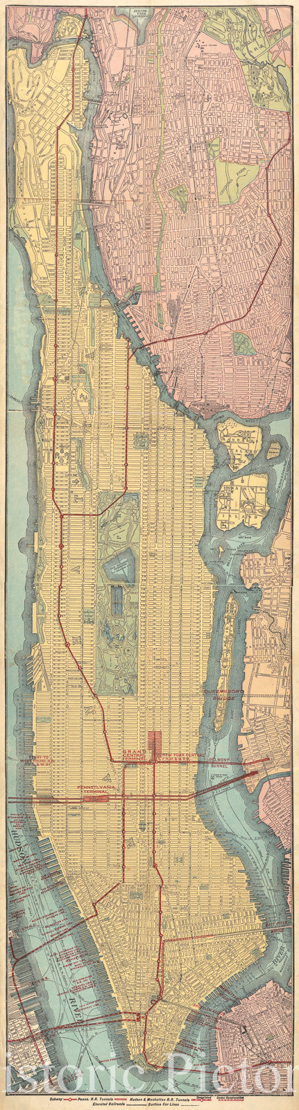 Historic 1908 Map - Rapid Transit map of Manhattan and Adjacent districts of New York City