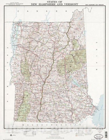 Historic 1972 Map - States of New Hampshire and Vermont : Base map with Highways and Contours, 1972