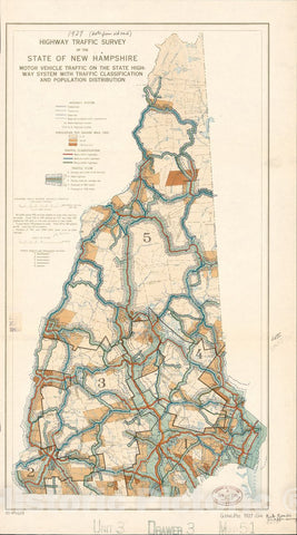 Historic 1927 Map - Highway Traffic Survey of The State of New Hampshire : Motor Vehicle Traffic on The State Highway System with Traffic Classification and Population Distribution