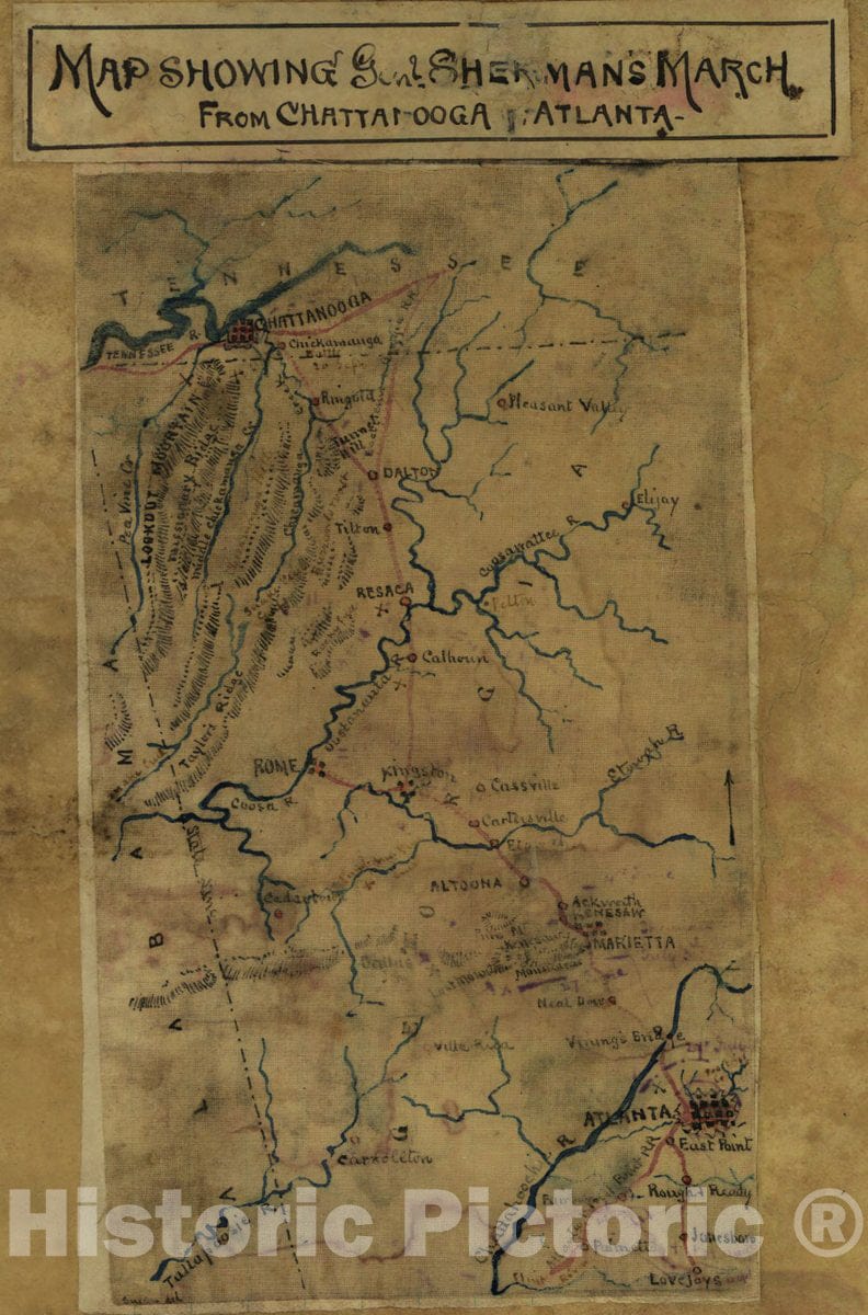 Historic 1864 Map - Map Showing Genl. Sherman's March from Chattanooga to Atlanta.