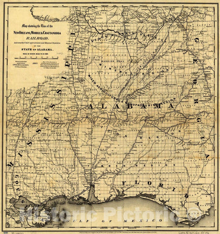 Historic 1867 Map - Map Showing The line of The New Orleans, Mobile & Chattanooga Railroad, and Also The Chief Agricultural and Mineral districts of The State of Alabama.