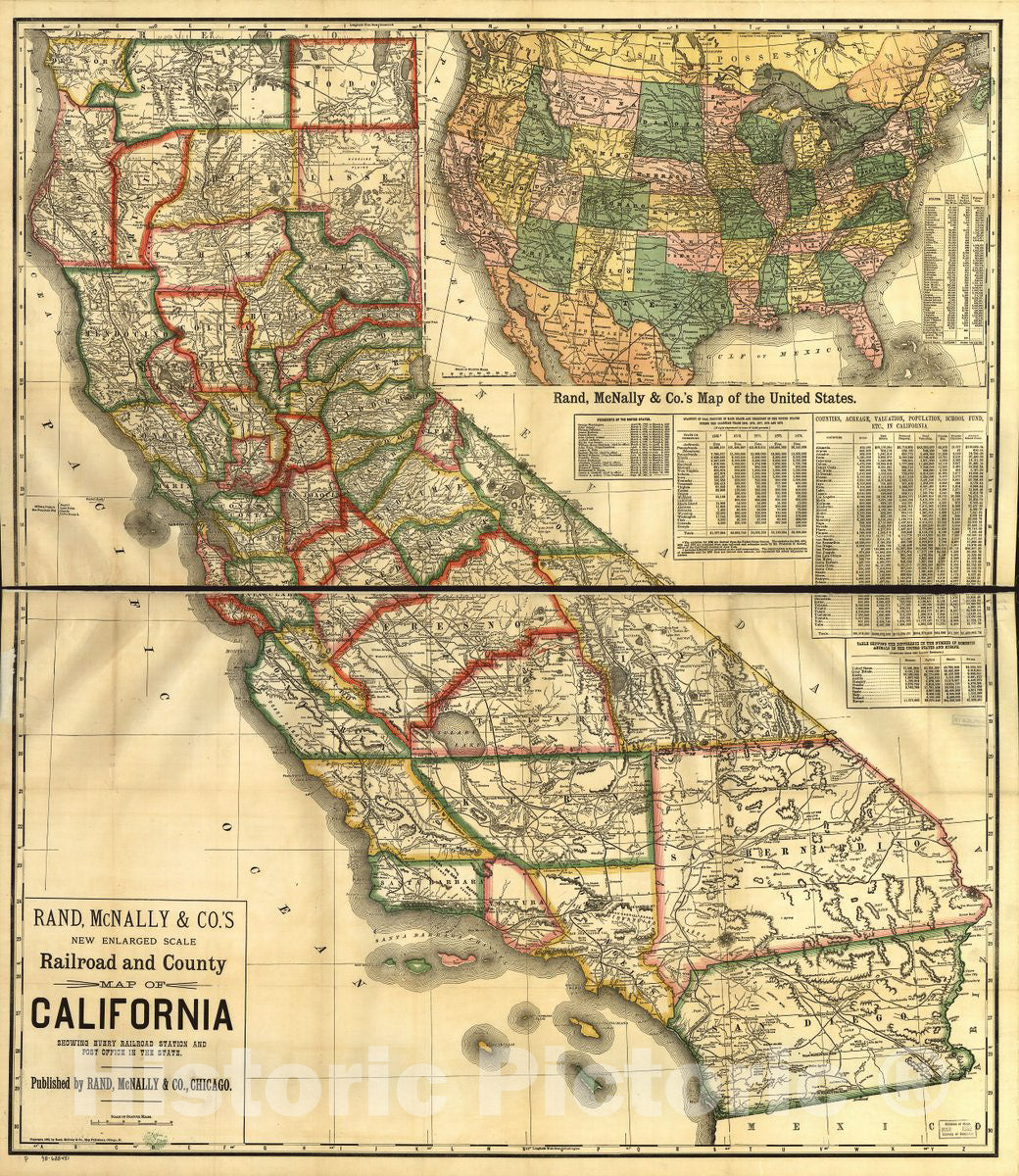 Historic 1883 Map - New Enlarged Scale Railroad and County map of California Showing Every Railroad Station and Post Office in The State.