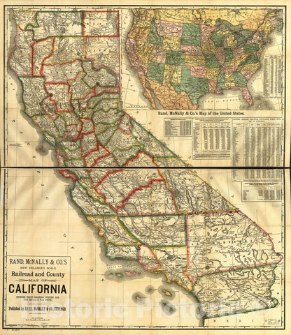 Historic 1883 Map - New Enlarged Scale Railroad and County map of California Showing Every Railroad Station and Post Office in The State.