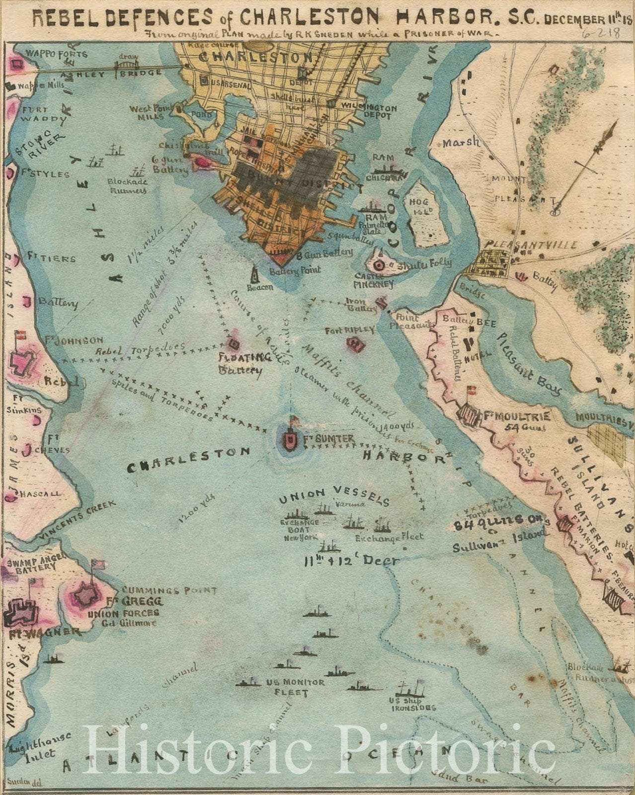 Historic 1864 Map - Rebel defences sic of Charleston Harbor, S.C, December 11th, 1864