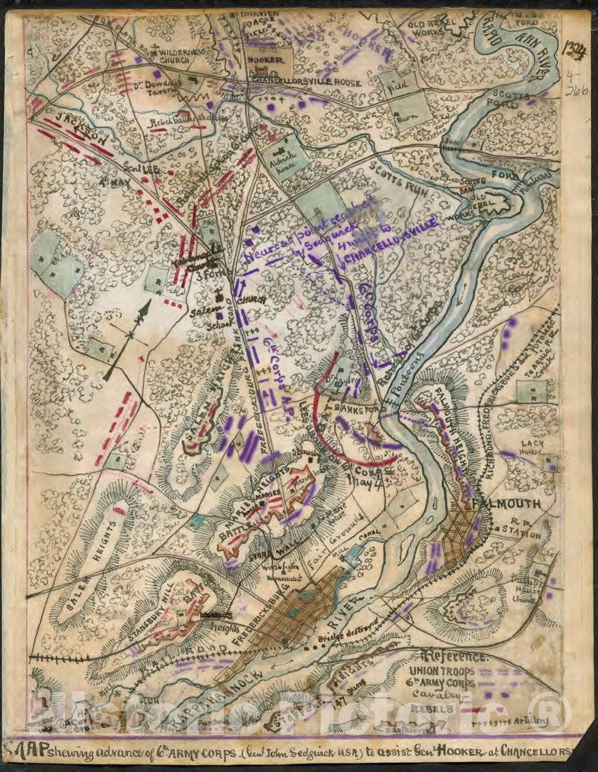 Historic 1863 Map - Map shewing sic Advance of 6th Army Corps (Genl. John Sedgwick U.S.A.) to Assist Gen. Hooker at Chancellorsville.