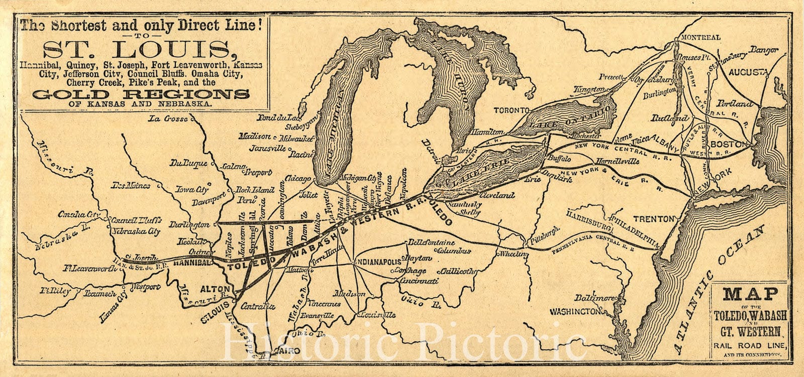 Historic 1859 Map - Map of The Toledo, Wabash, and Gt. Western Rail Road Line, and its Connections.