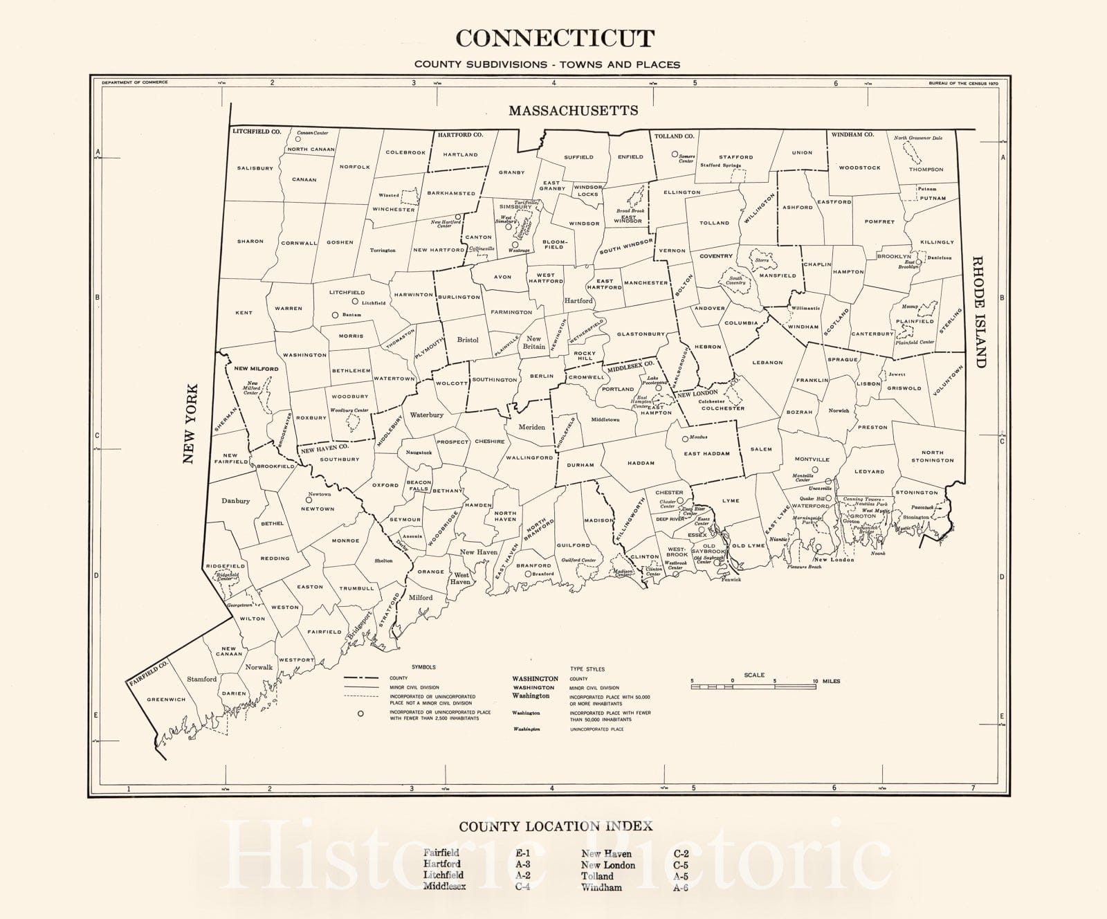 Historic 1971 Map - Connecticut; County subdivisions, Towns and Places. 1970.