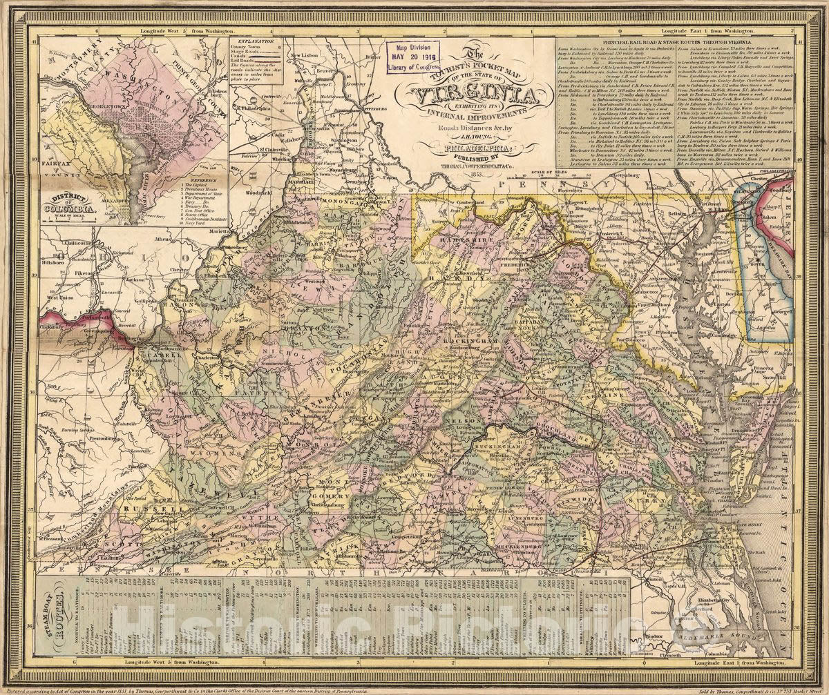 Historic 1853 Map - The tourist's Pocket map of The State of Virginia : exhibiting its Internal improvements, Roads, Distances