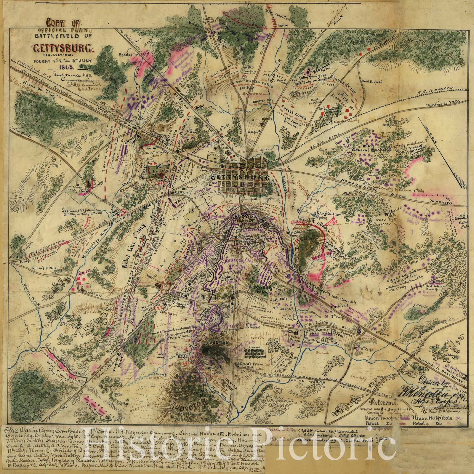 Historic 1863 Map - Copy of Official Plan of Gettysburg. Pennsylvania, Fought 1st, 2nd, 3rd July 1863.