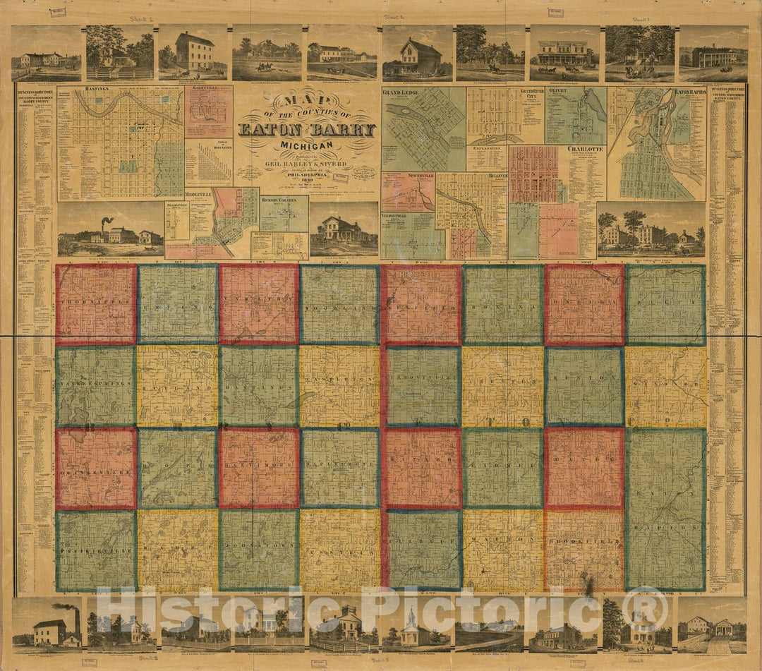 Historic 1860 Map - Map of Counties of Eaton and Barry, Michigan