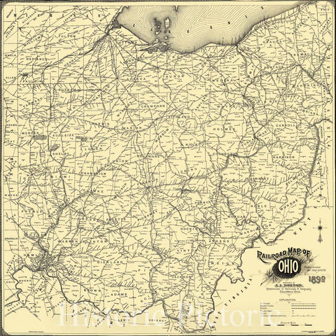 Historic 1890 Map - Railroad map of Ohio published by The State. 1890. Prepared by J. A. Norton, Commissioner of Railroads & telegraphs. Copyright by H. B. Stranahan.
