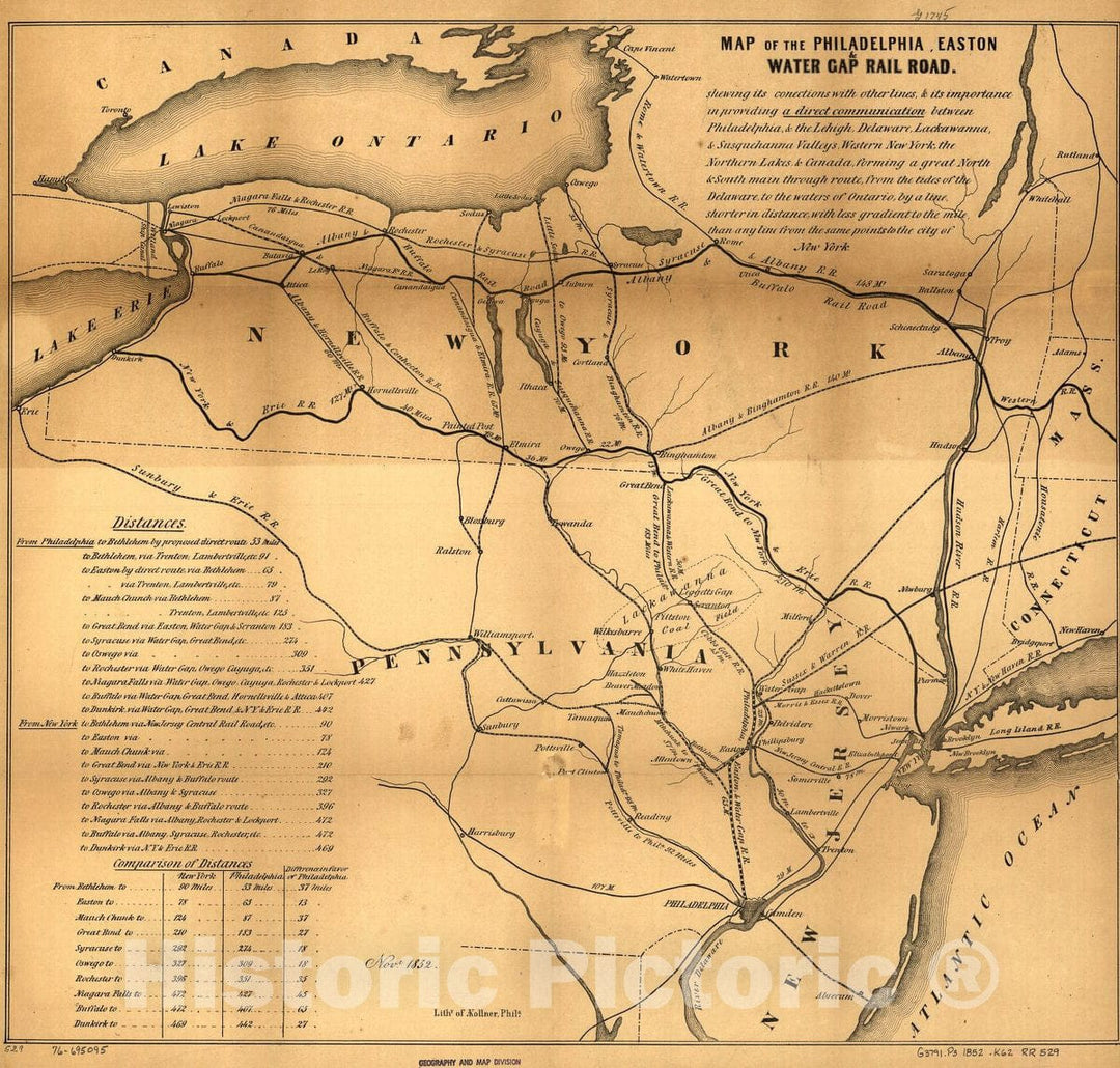 Historic 1852 Map - Map of The Philadelphia, Easton & Water Gap Rail Road. 1