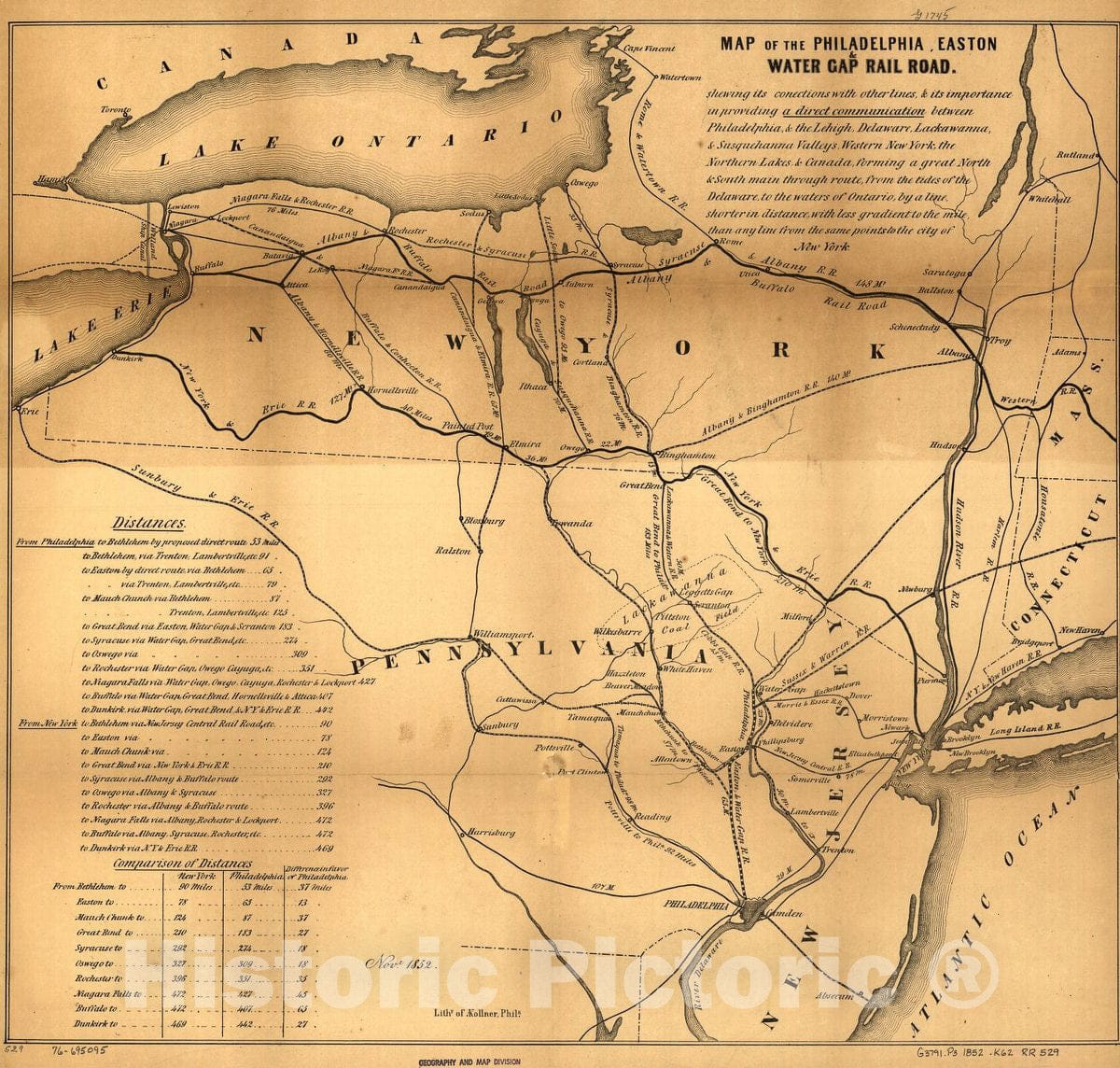 Historic 1852 Map - Map of The Philadelphia, Easton & Water Gap Rail Road. 1