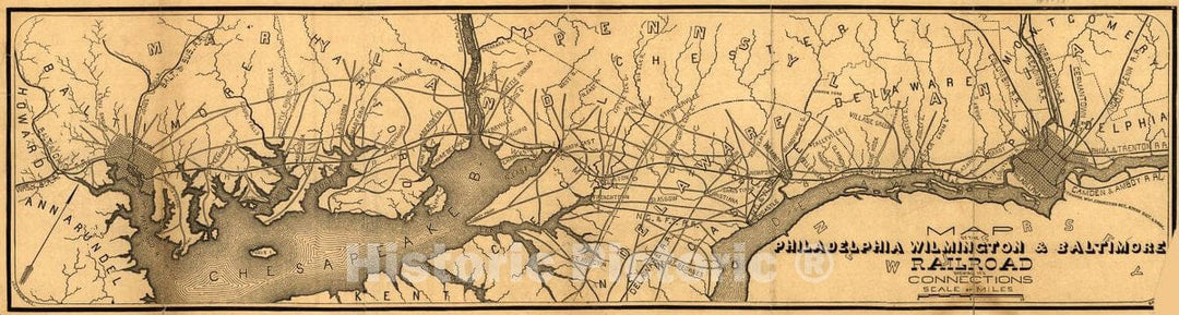 Historic 1850 Map - Map of The Philadelphia, Wilmington, Baltimore Railroad shewing sic its Connections.