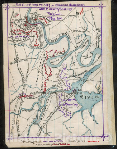 Historic 1864 Map - Map of Operations at Bermuda Hundred and Drewry's Bluff, Virginia, 10th May 1864.