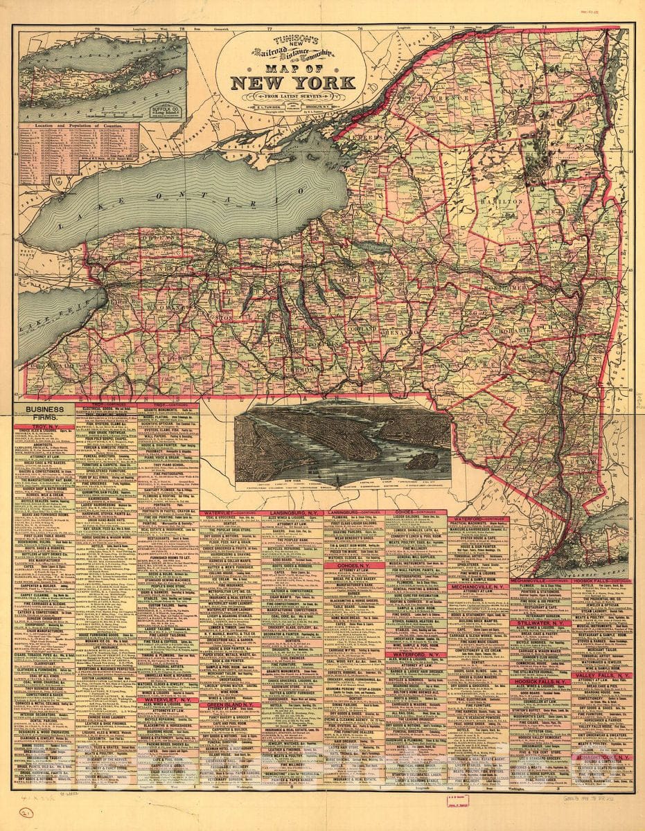 Historic 1898 Map - Tunison's Railroad, Distance, and Township map of New York from Latest surveys.