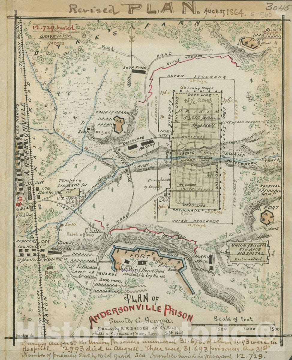 Historic 1864 Map - Plan of Andersonville Prison, Sumter Co, Georgia.