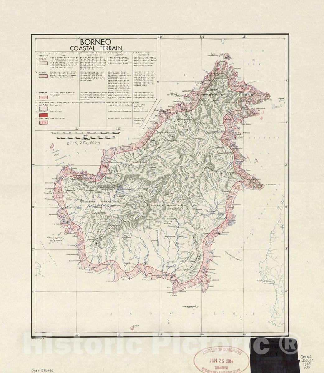 Historic 1945 Map - Borneo Coastal Terrain