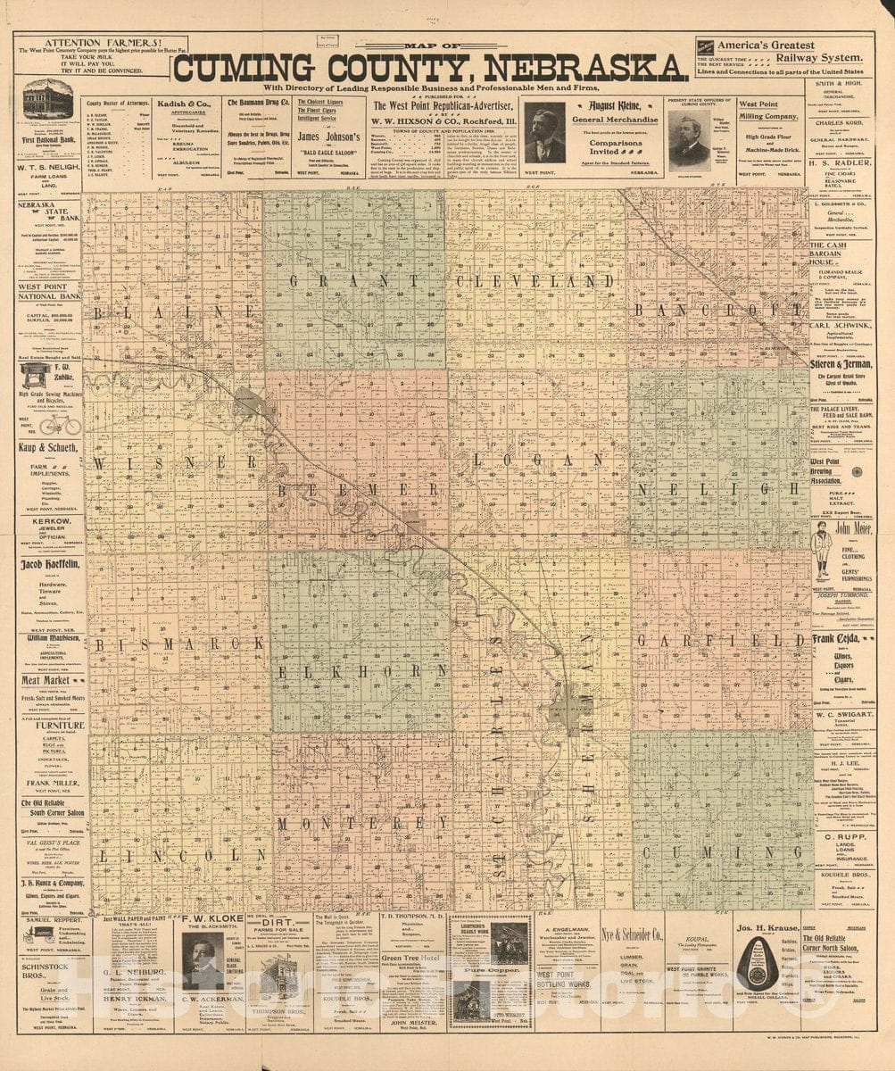 Historic 1900 Map - Map of Cuming County, Nebraska : with Directory of Leading Business and Professional Men and firms.