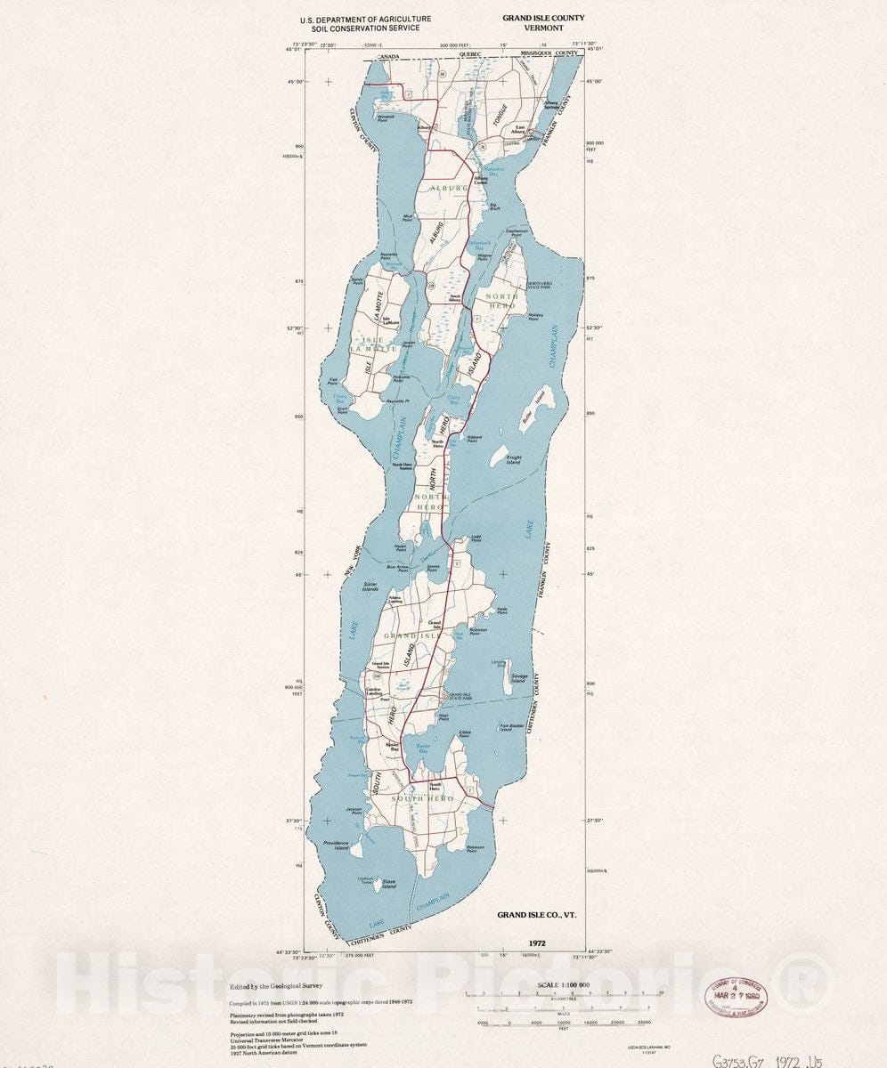 Historic 1972 Map Grand Isle County, Vermont Historic Pictoric