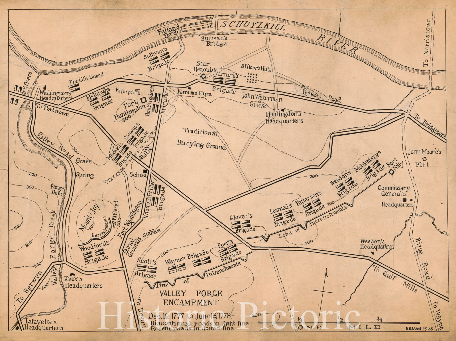 Historic 1928 Map - Valley Forge Encampment, Dec. 19, 1777 to June 18, 1778.