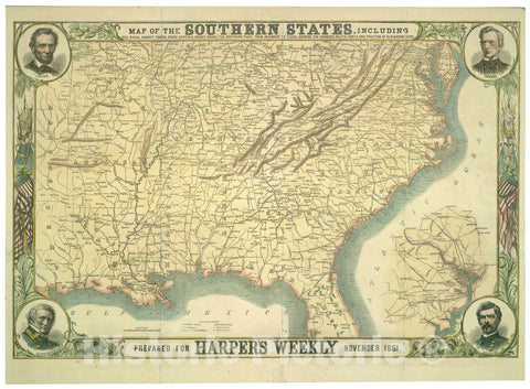 Historic 1861 Map - Map of The Southern States, Including Rail Roads, County Towns, State Capitals, County Roads, The Southern Coast from Delaware to Texas, Showing The Harbors, inlets