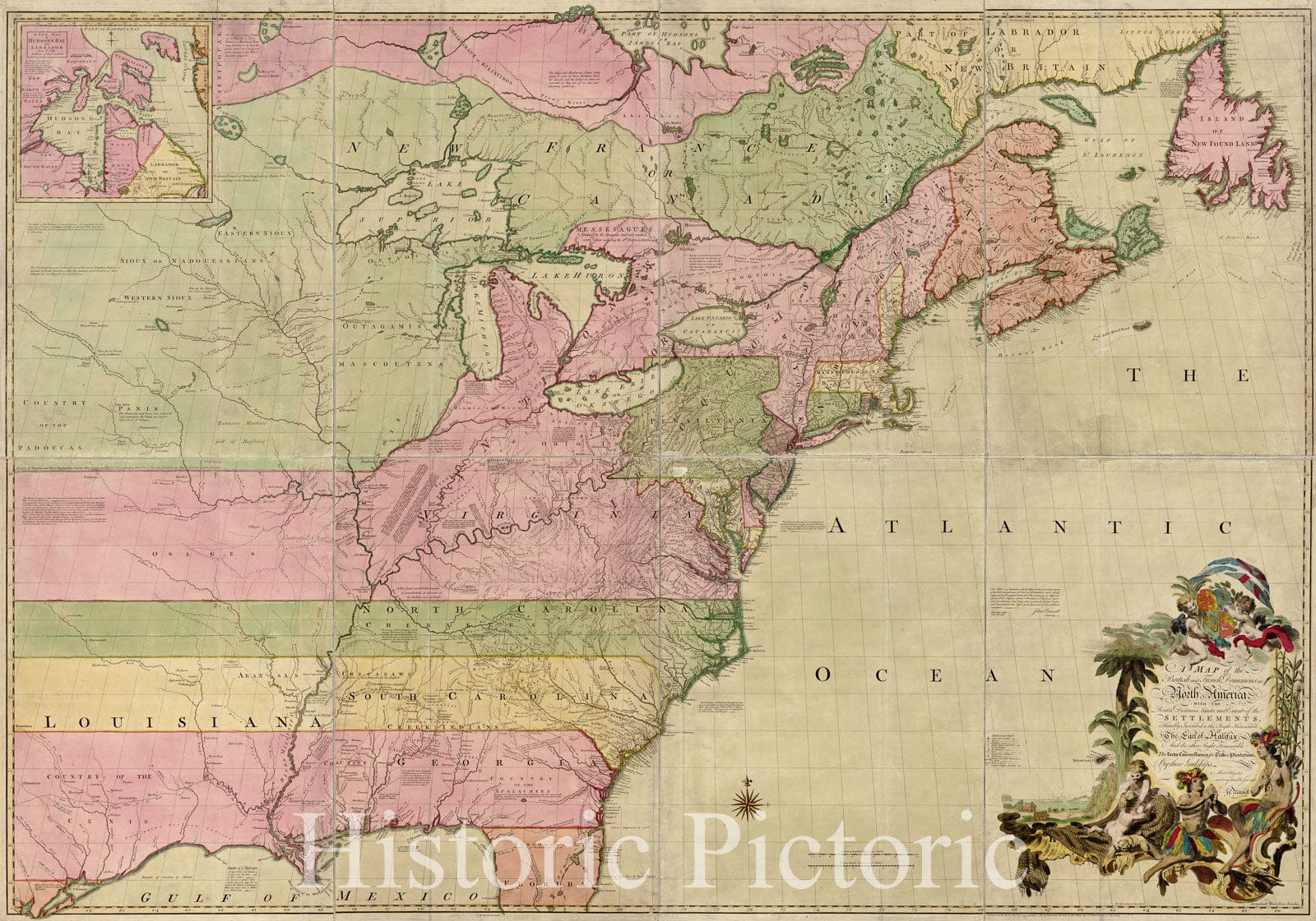 Historic 1755 Map - A map of The British and French dominions in North America, with The Roads, Distances, Limits, and Extent of The settlements