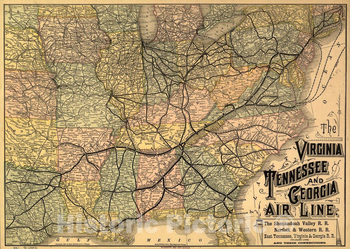 Historic 1882 Map - The Virginia, Tennessee, and Georgia Air Line; The Shenandoah Valley R.R; Norfolk & Western R.R; East Tennessee, Virginia, Georgia R.R.