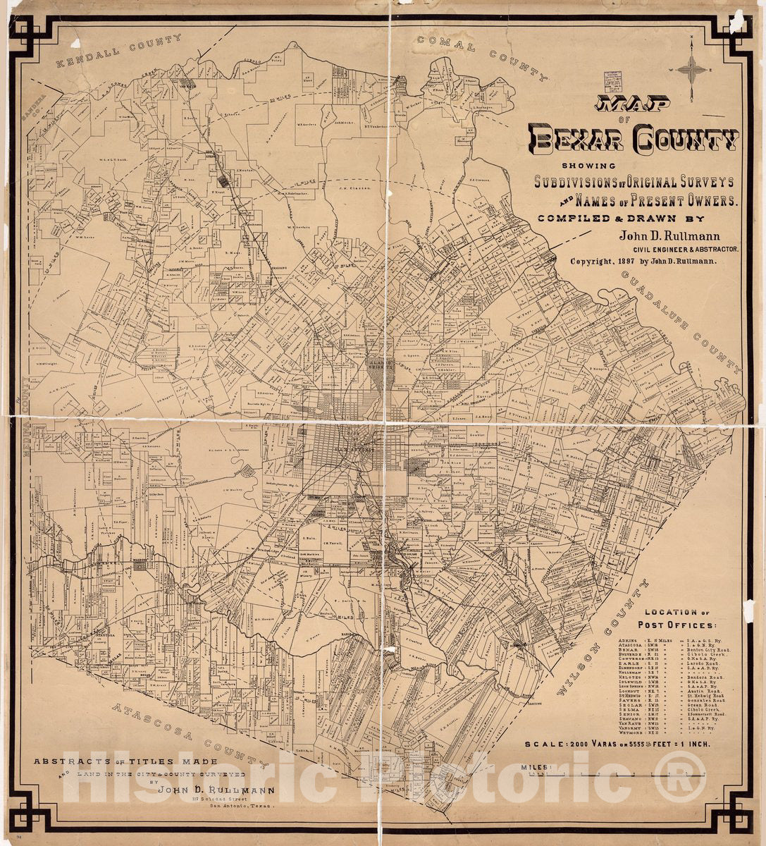 Historic 1897 Map Map of Bexar County Showing subdivisions of Orig