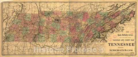 Historic 1888 Map - New Enlarged Scale Railroad and County map of Tennessee Showing Every Railroad Station and Post Office in The State, 1888.