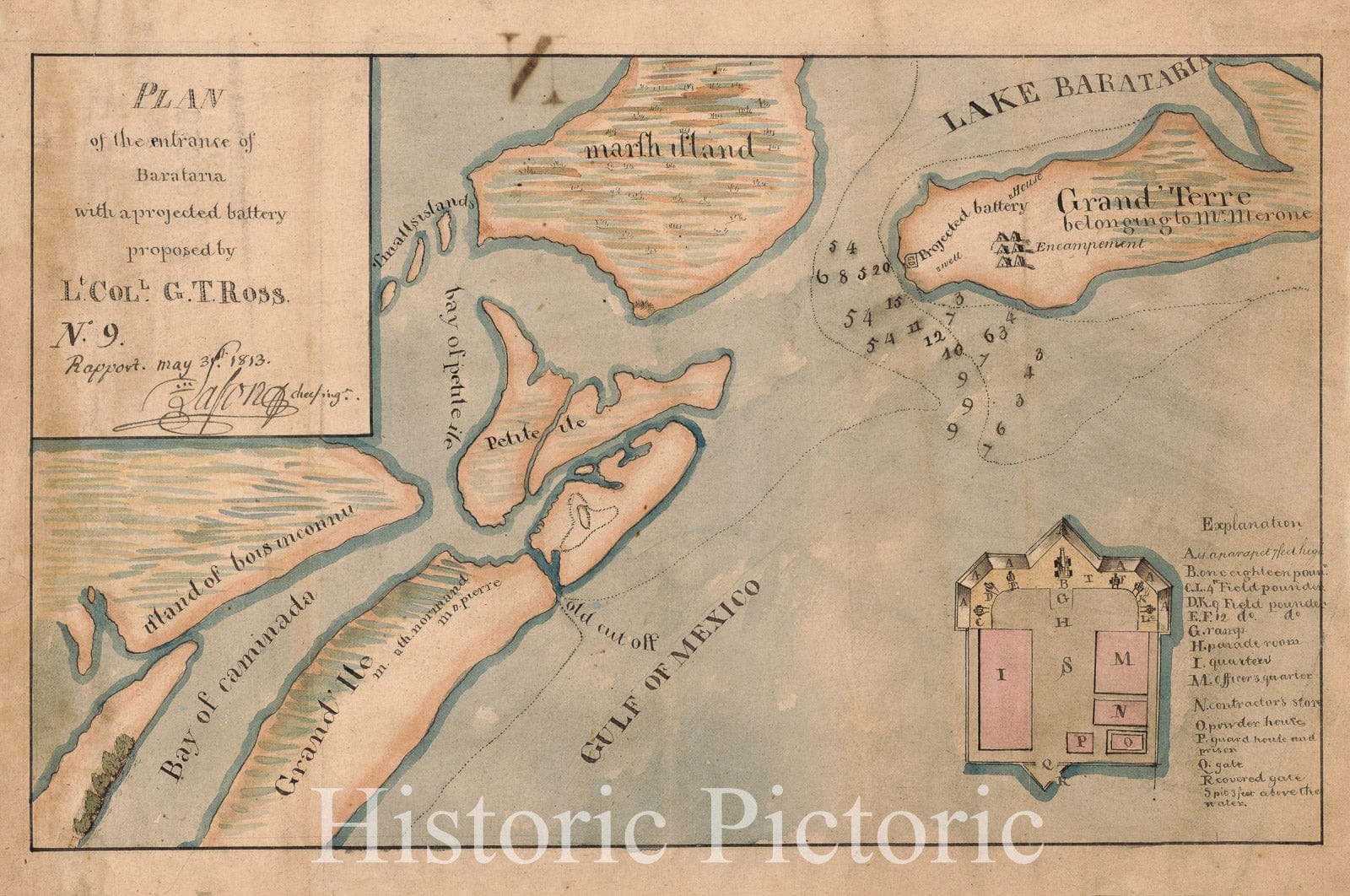 Historic 1813 Map - Plan of The Entrance of Barataria with a projected Battery Proposed by Lt. Coll. G.T. Ross. No. 9 Rapport May 3D 1813