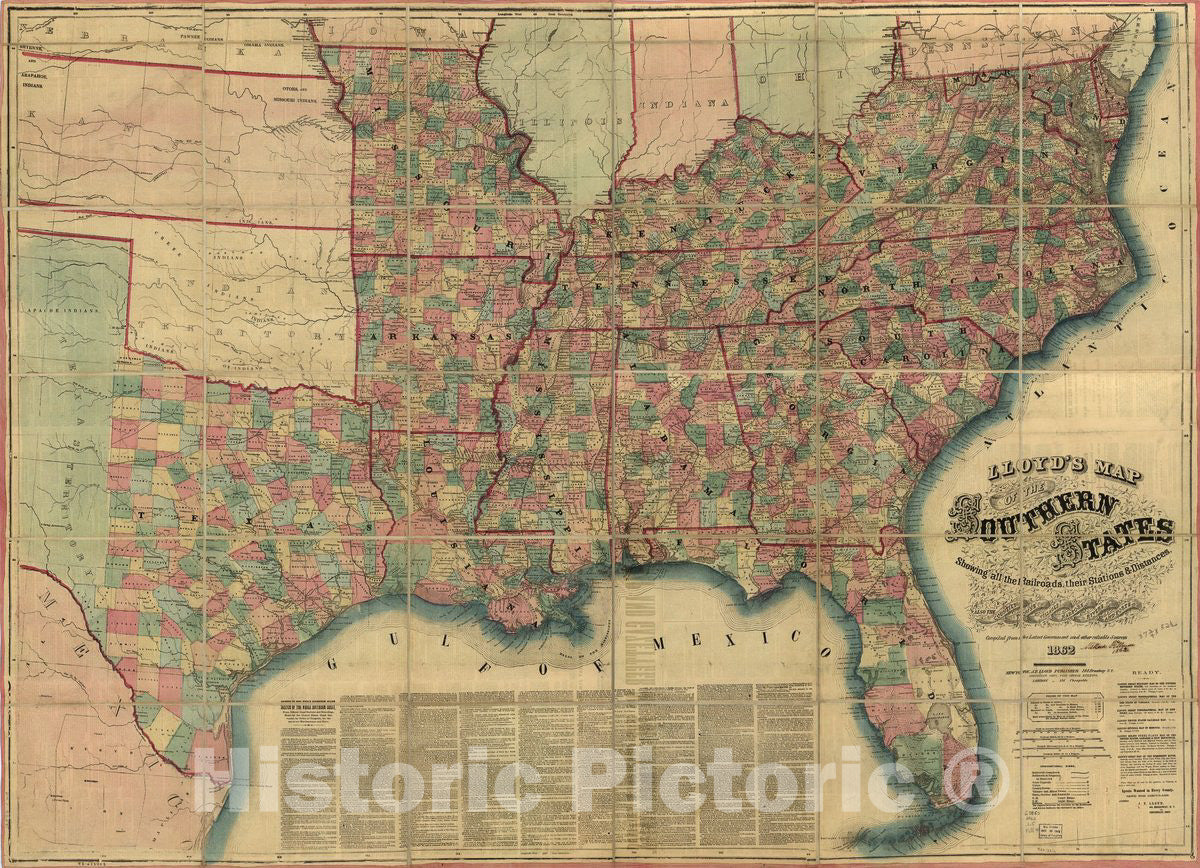 Historic 1862 Map - Lloyd's map of The Southern States Showing All The ...