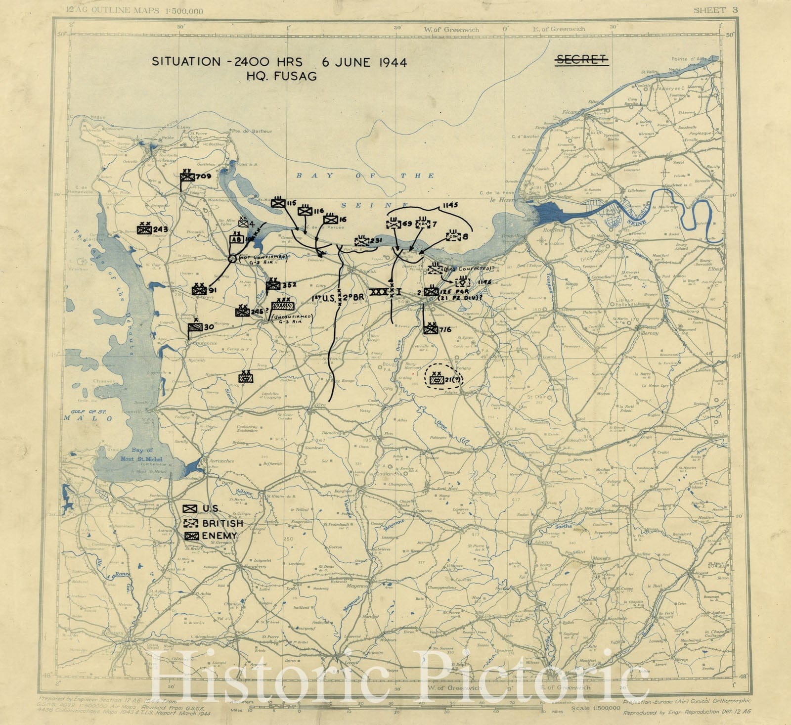 Historic 1944 Map - HQ Twelfth Army Group Situation map : Battle of The Bulge-France, Belgium, Netherlands, and Germany