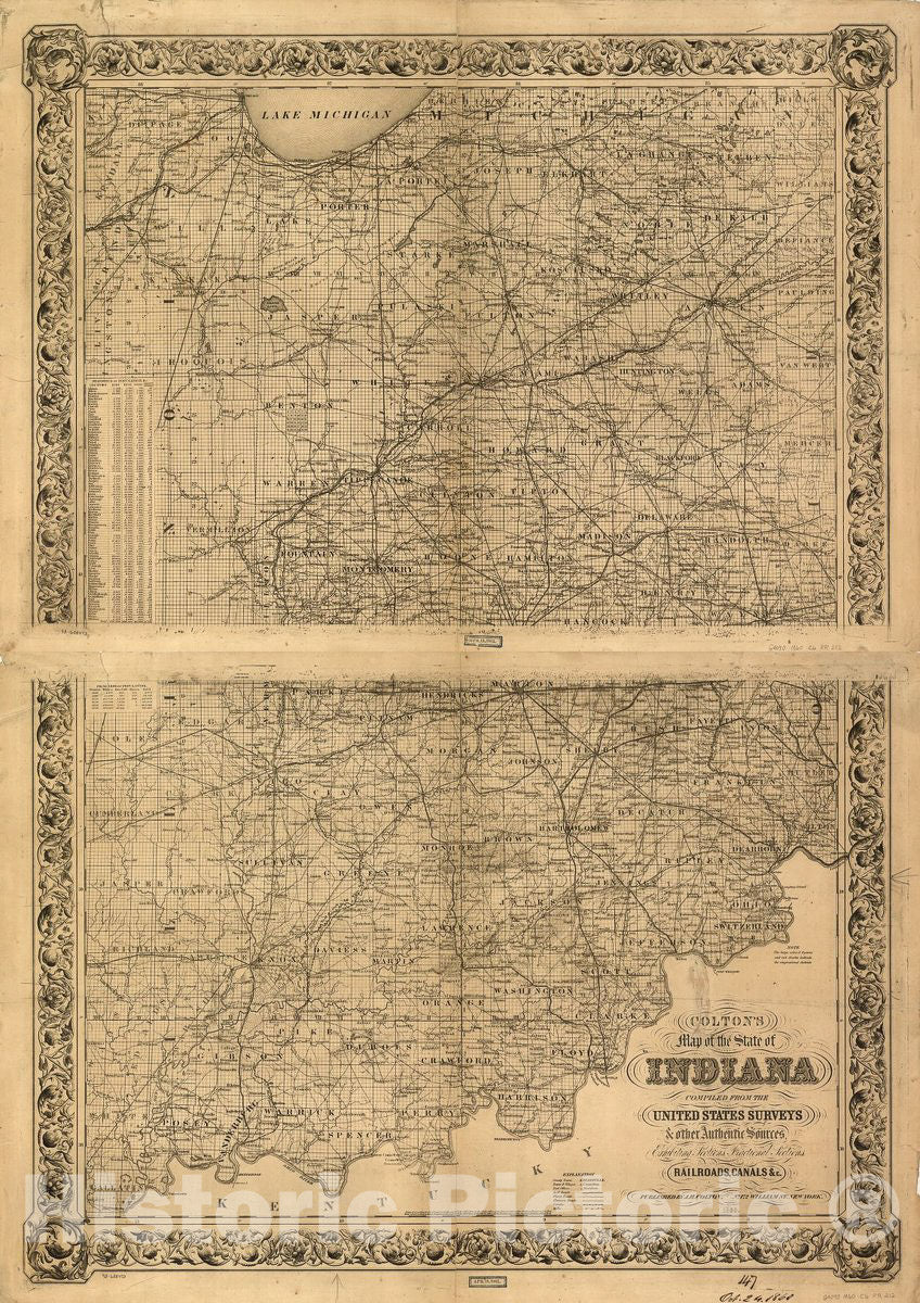 Historic 1860 Map - Colton's map of The State of Indiana, compiled from The United States surveys & Other Authentic Sources, exhibiting Sections, fractional Sections, Railroads, canals