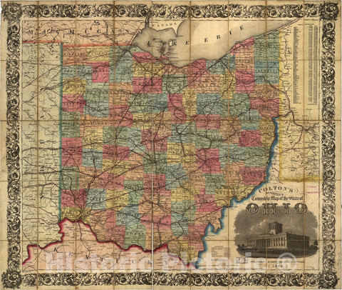 Historic 1854 Map - Colton's Railroad & Township map of The State of Ohio, Drawn by George W. Colton, Engraved by J M. Atwood.