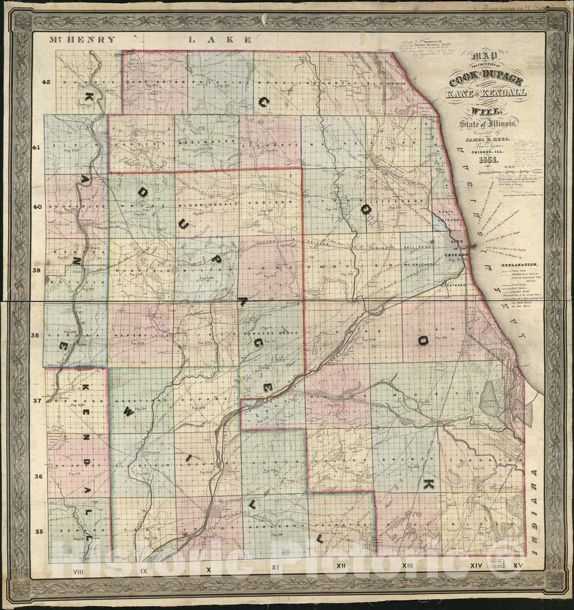 Historic 1851 Map - Map of The Counties of Cook and DuPage, The East Part of Kane and Kendall, The North Part of Will, State of Illinois