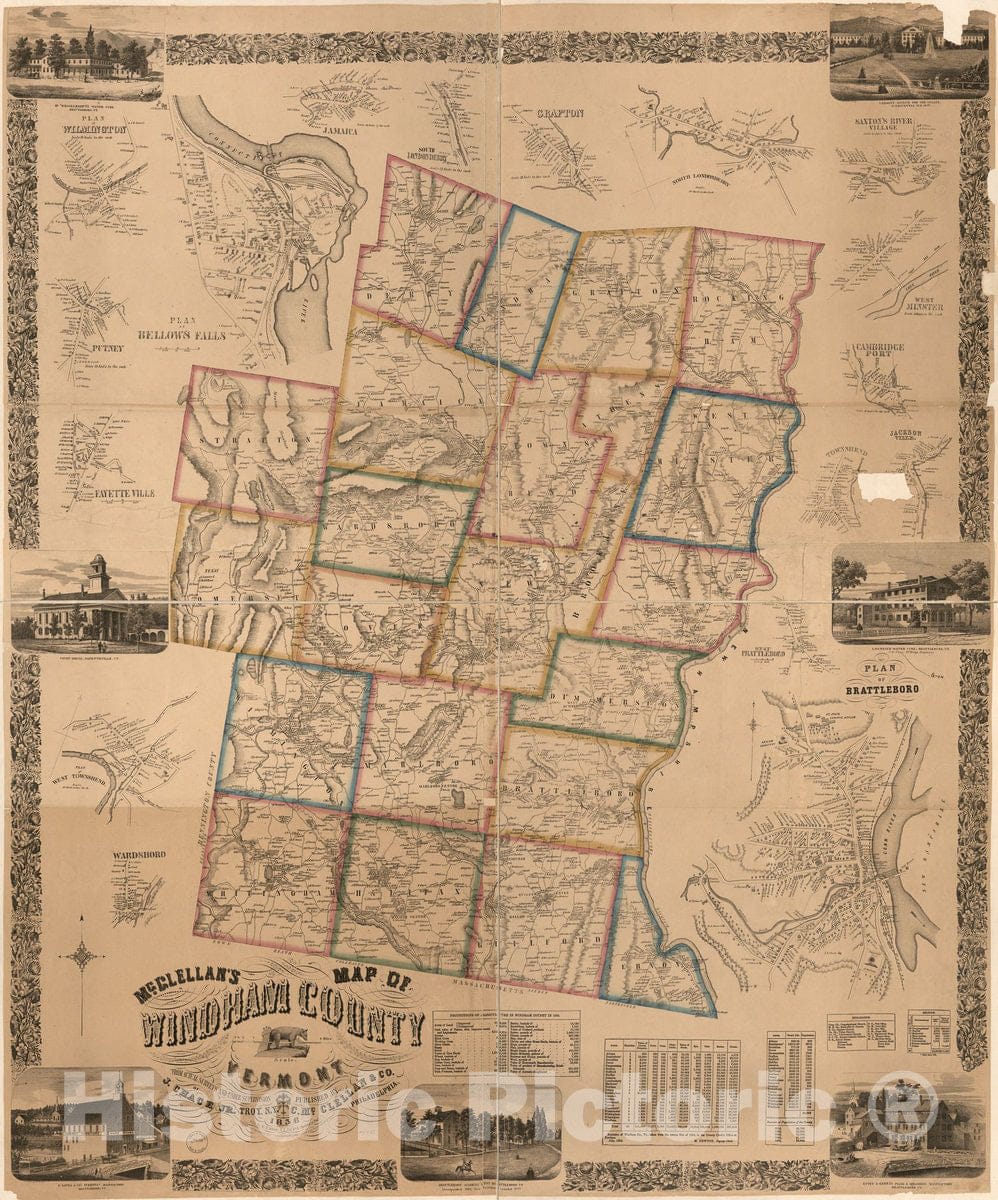 Historic 1856 Map - McClellan's map of Windham County, Vermont