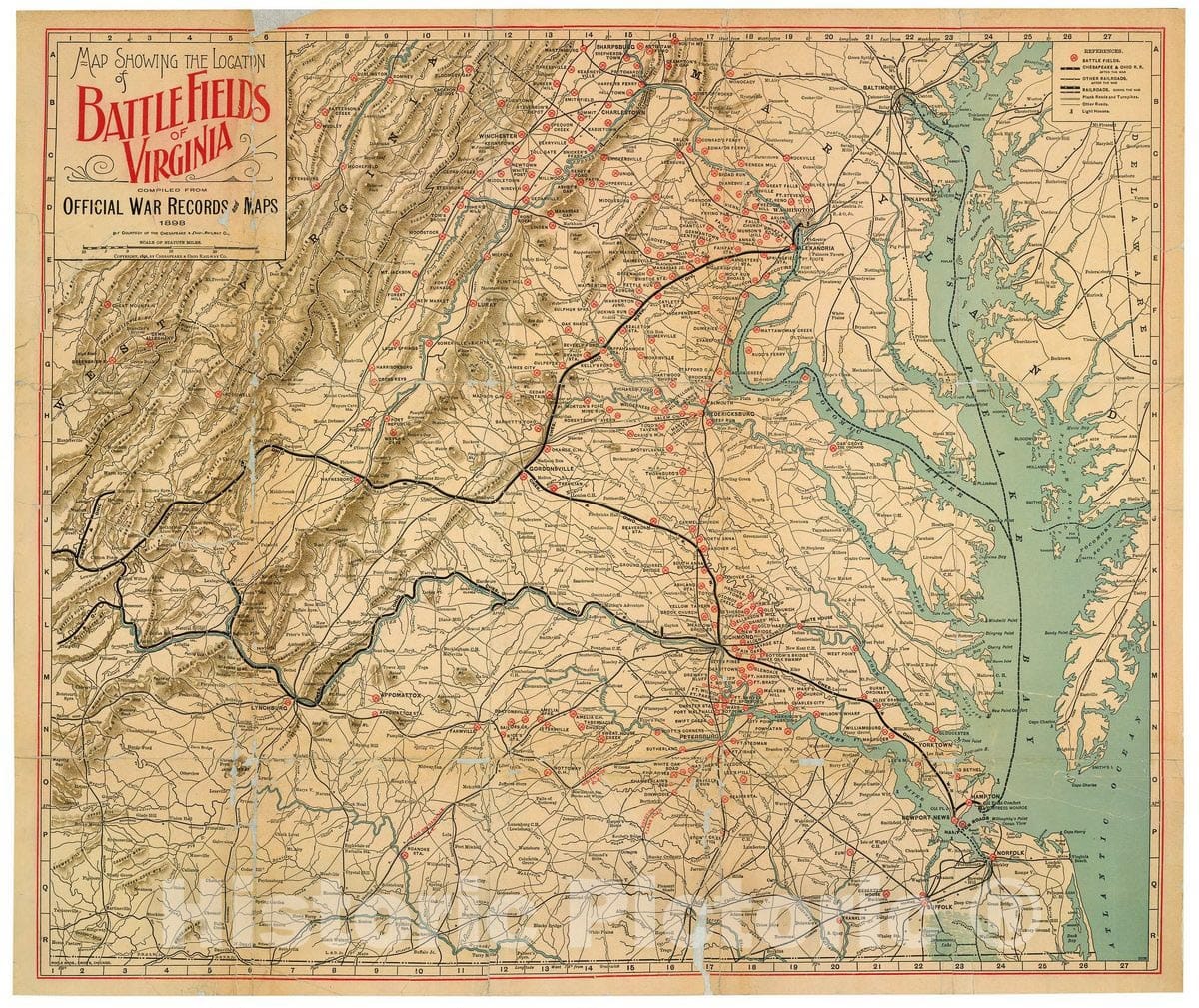 Historic 1864 Map - Map Showing The Location of Battle Fields of Virginia