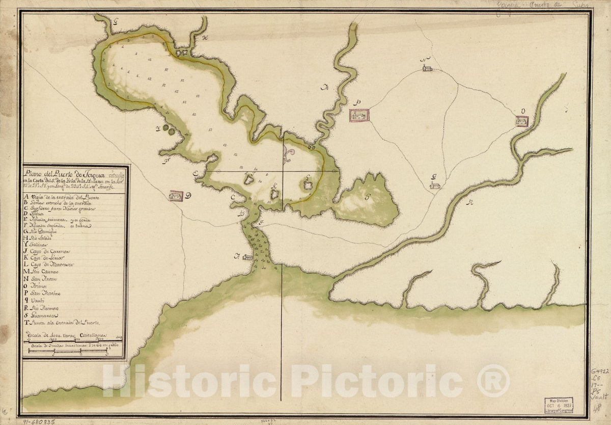 Historic 1700 Map - Plano del Puerto de Jagua cituado en la Costa del S. de la ysla de la Havana en la latd. N. DE 2151 y en longd. de 29454 segn. Tenerife.