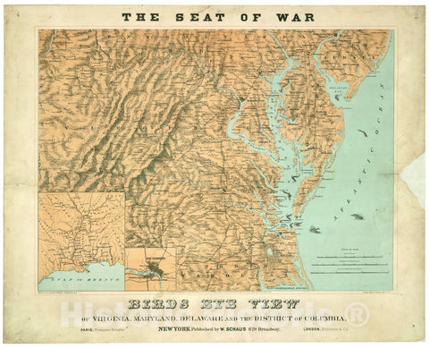 Historic 1861 Map - Birds Eye View of Virginia, Maryland, Delaware, and The District of Columbia The seat of war