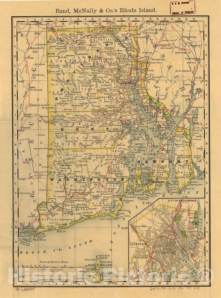 Historic 1875 Map - Indexed map of Rhode Island Showing The Railroads in The State, and The Express Company Doing Business Over Each, Also Counties, townships, Lakes, Rivers, Islands, etc.
